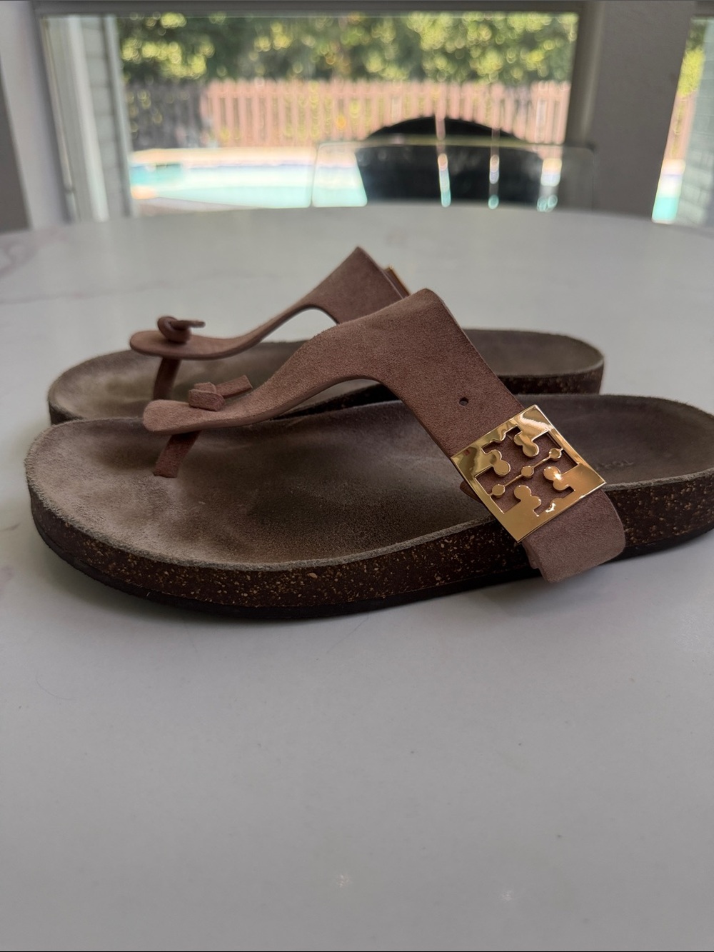 Tory Burch Pink Suede Logo Footbed Thong Sandals Size 8